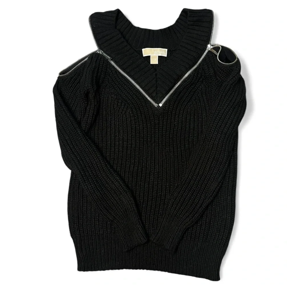 Michael Kors Black Chunky Knit Zip Cold Shoulder Sweater - Picture 4 of 8